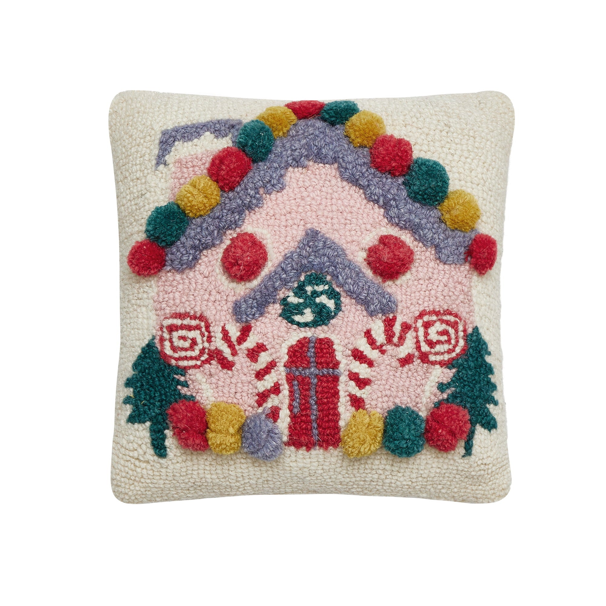 Pink House Hooked Wool Christmas Throw Pillow, 10x10 inch, front view