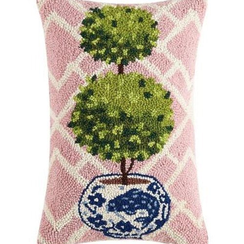 Pink Lattice Ball Topiary Hooked Wool Throw Pillow, close-up detail