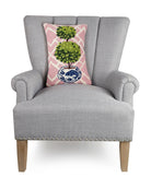 Pink Lattice Ball Topiary Hooked Wool Throw Pillow on an armchair, showing the throw pillow at room scale, 12x18 inch