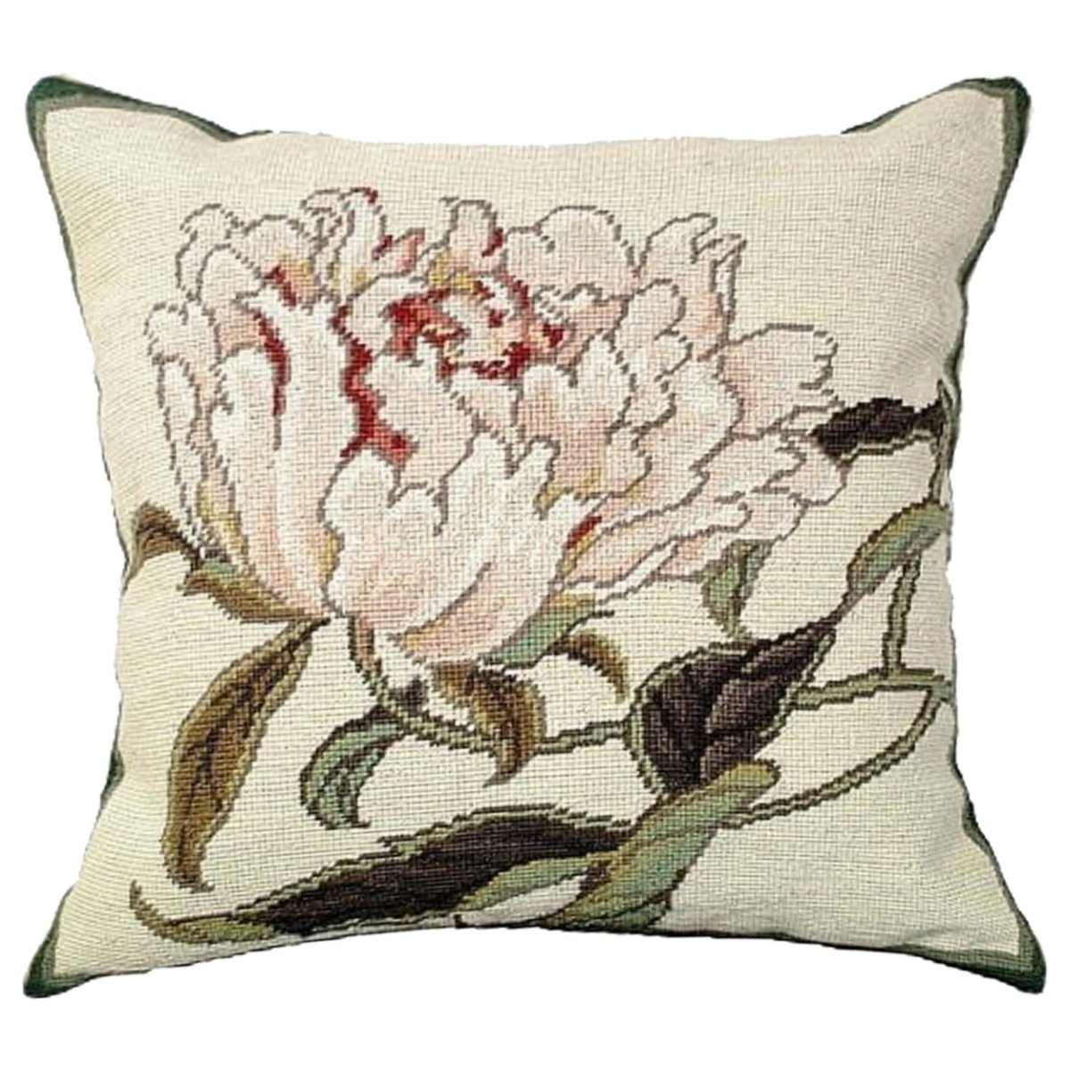Pink Peonies Botanical needlepoint throw pillow with botanical floral design