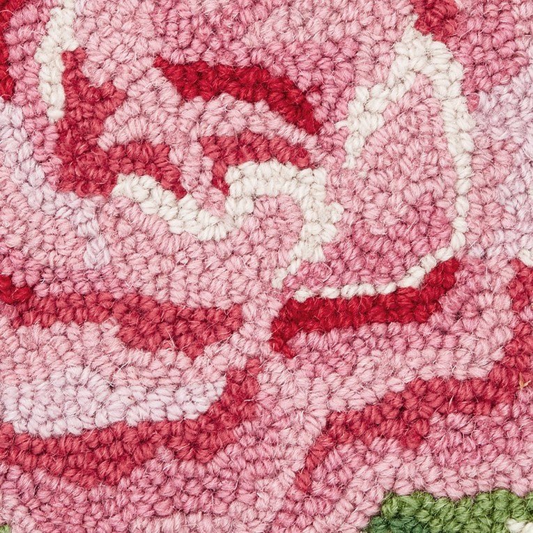Pink Peony Hooked Wool Throw Pillow, close-up detail