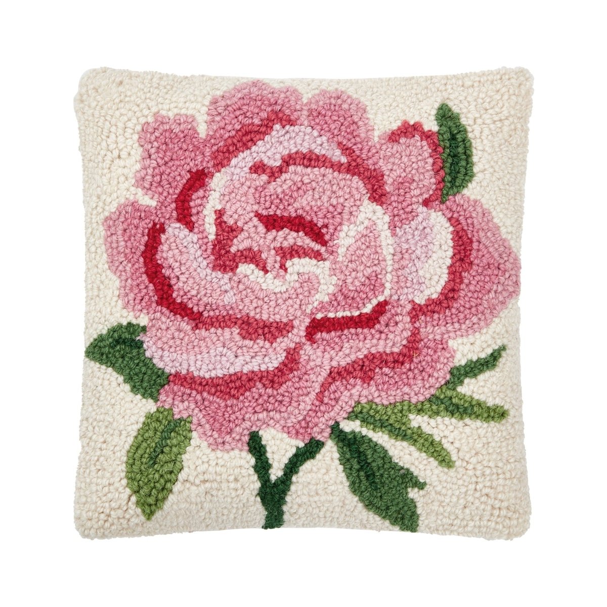 Pink Peony Hooked Wool Throw Pillow, 10x10 inch, front view