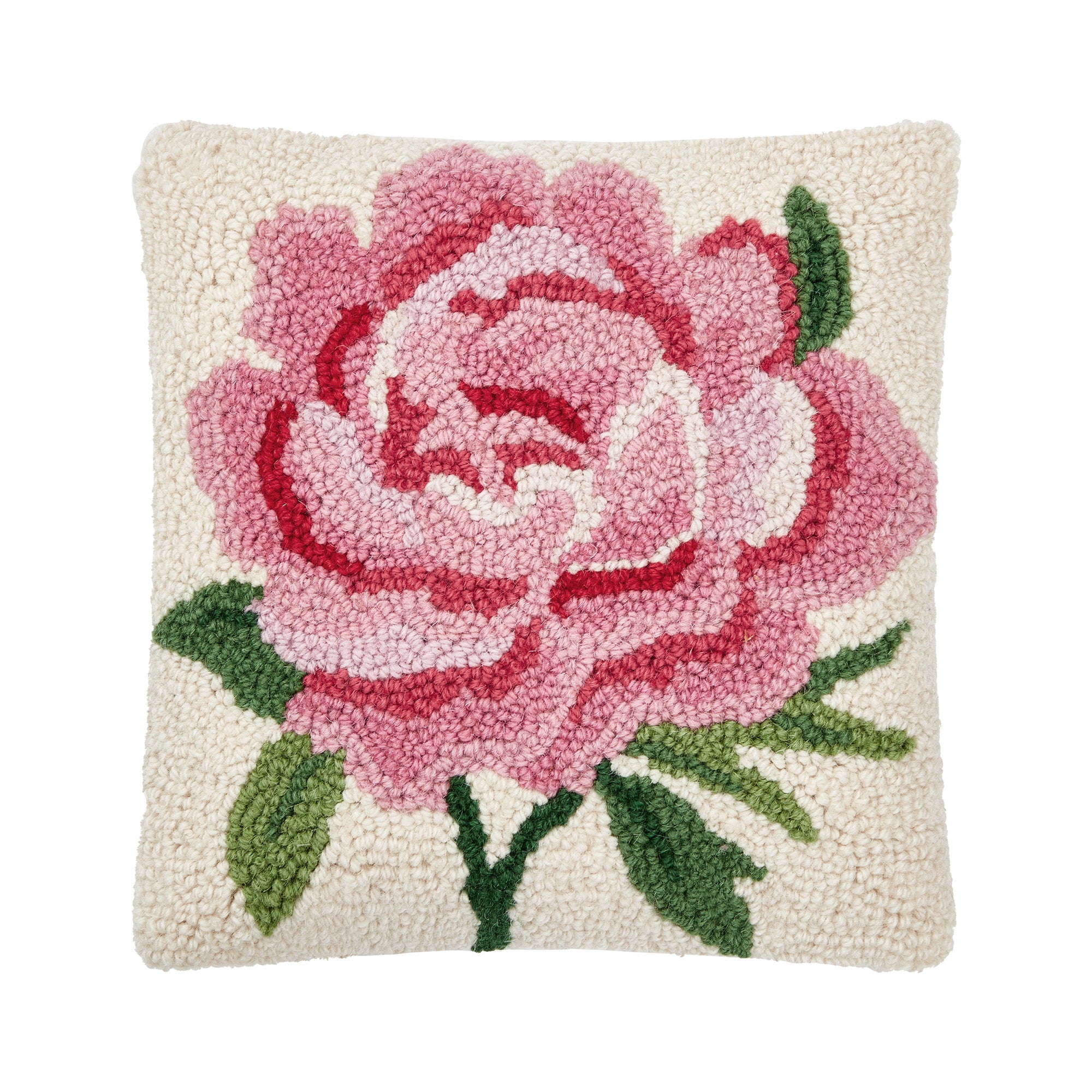 Pink Peony Hooked Wool Throw Pillow, 10x10 inch, front view