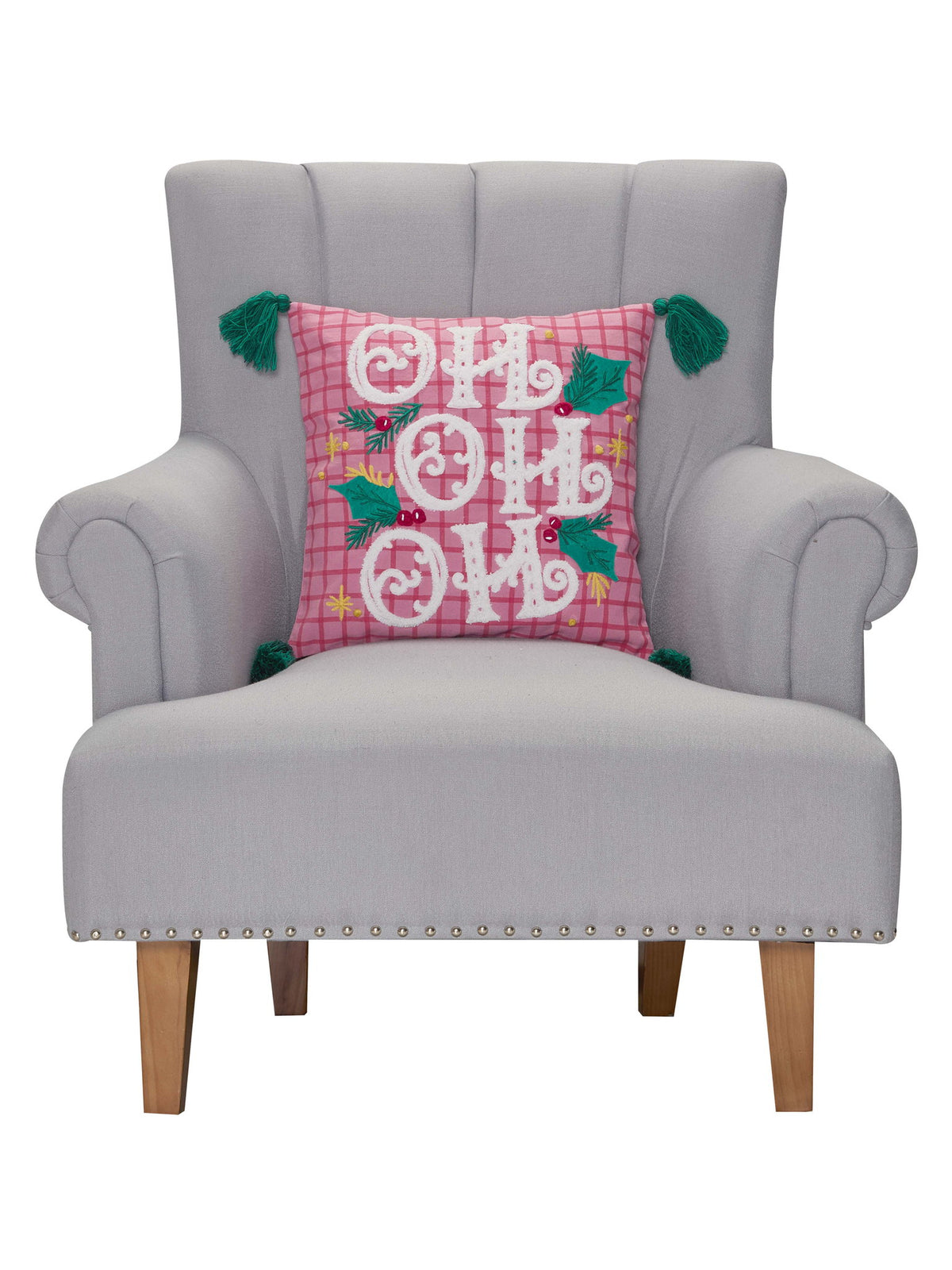Pink Plaid Hohoho with Tassels Embroidered Christmas Throw Pillow on an armchair, showing the throw pillow at room scale, 16x16 inch