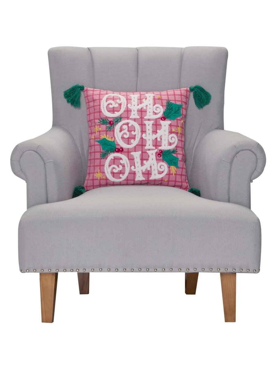 Pink Plaid Hohoho with Tassels Embroidered Christmas Throw Pillow on an armchair, showing the throw pillow at room scale, 16x16 inch