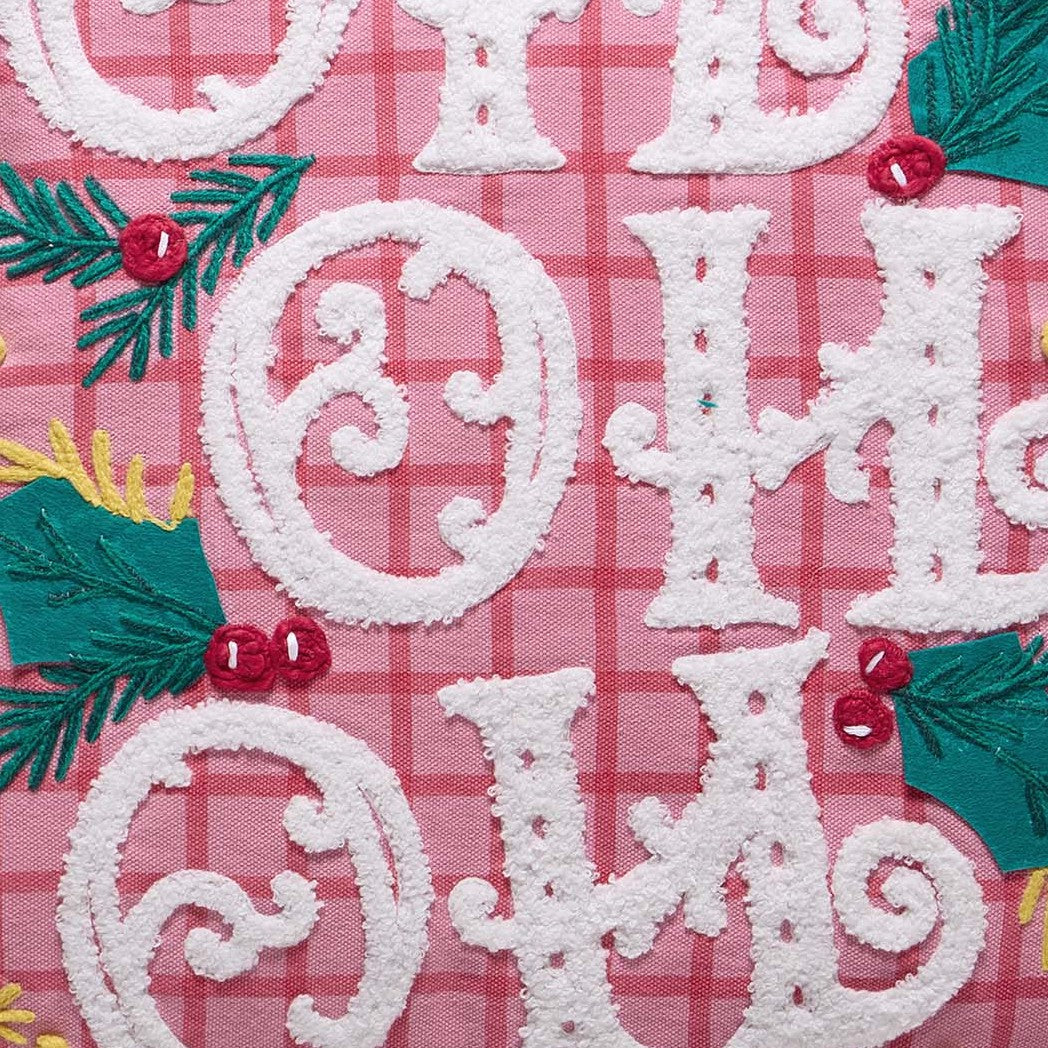 Pink Plaid Hohoho with Tassels Embroidered Christmas Throw Pillow, close-up detail