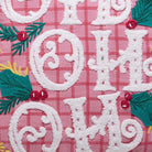 Pink Plaid Hohoho with Tassels Embroidered Christmas Throw Pillow, close-up detail