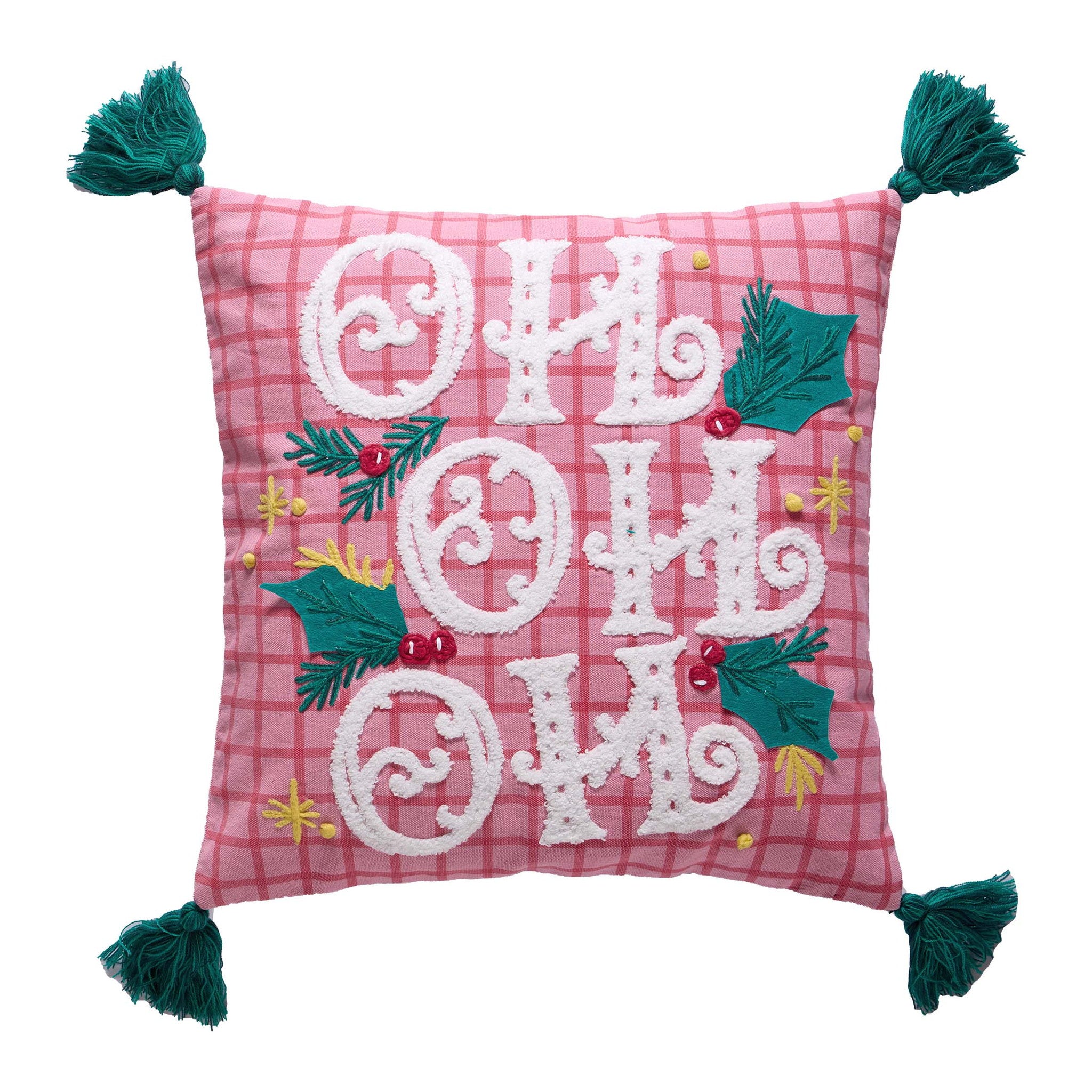 Pink Plaid Hohoho with Tassels Embroidered Christmas Throw Pillow, 16x16 inch, front view