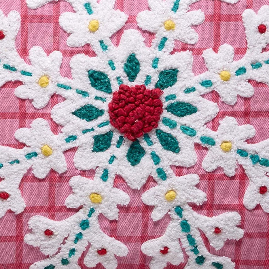Pink Plaid Snowflake Embroidered Christmas Throw Pillow, close-up detail