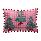Pink Plaid Trees with Poms Embroidered Christmas Throw Pillow, 14x20 inch, front view