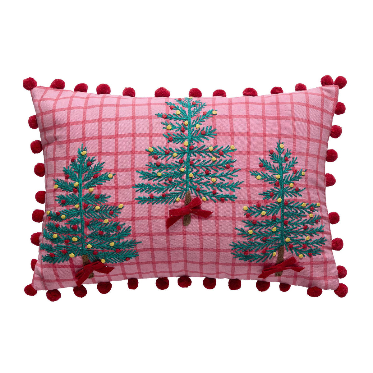 Pink Plaid Trees with Poms Embroidered Christmas Throw Pillow, 14x20 inch, front view