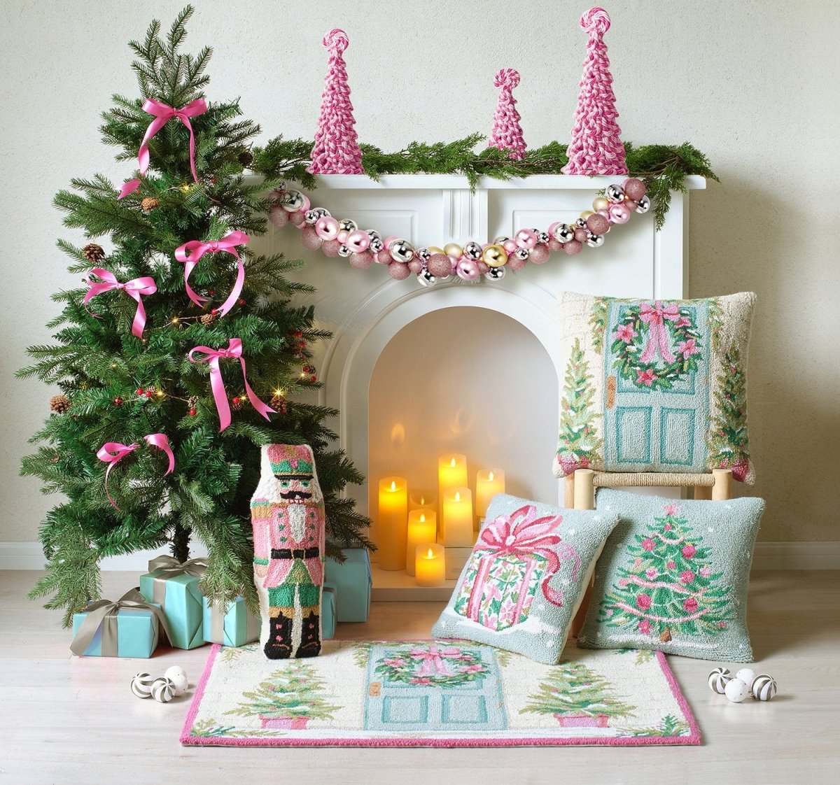 Pink Present Hooked Wool Christmas Throw Pillow shown alongside other designs in the same collection, 16x16 inch