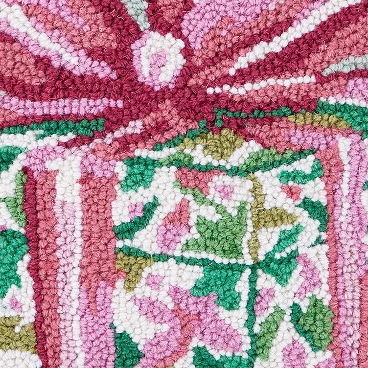 Pink Present Hooked Wool Christmas Throw Pillow, close-up detail
