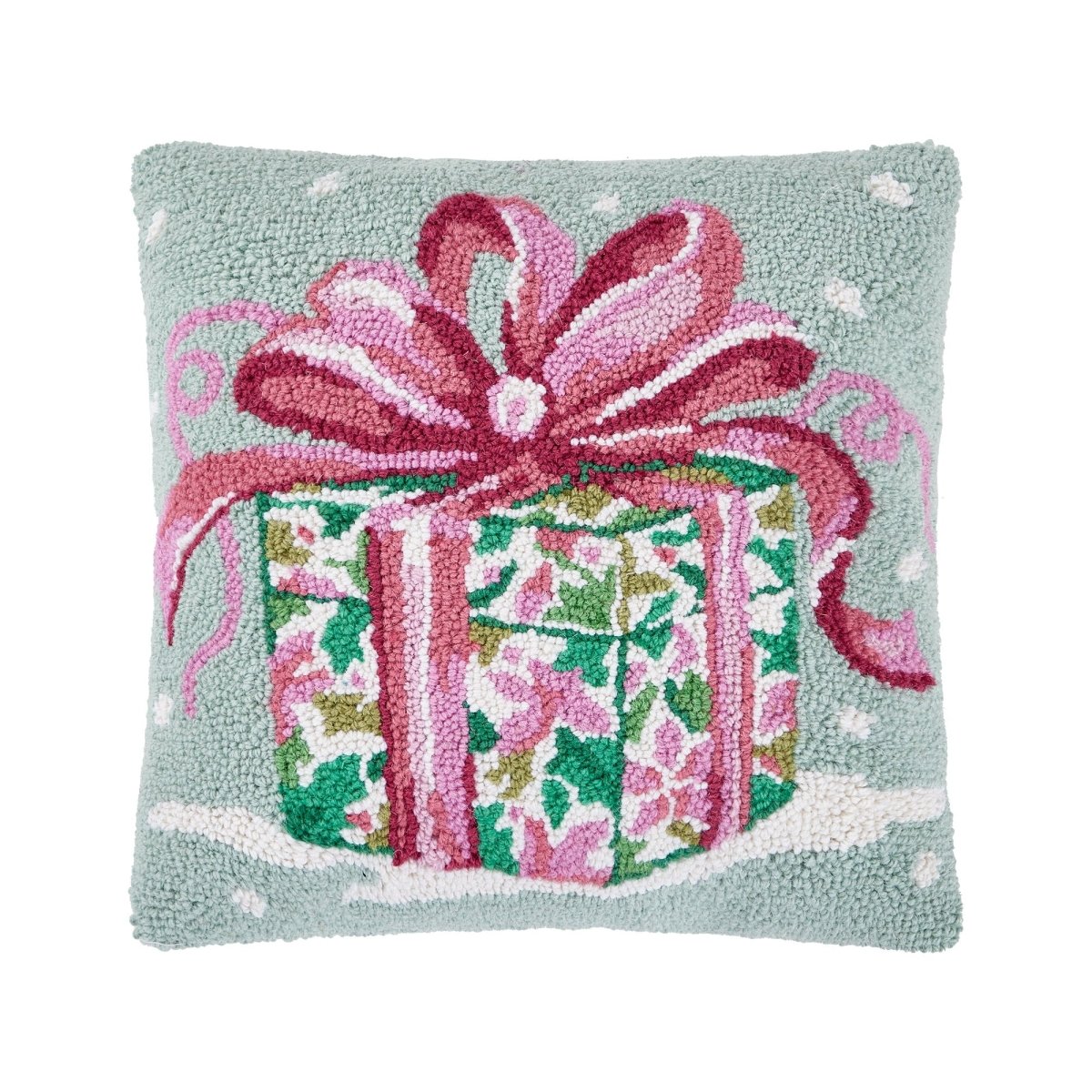 Pink Present Hooked Wool Christmas Throw Pillow, 16x16 inch, front view