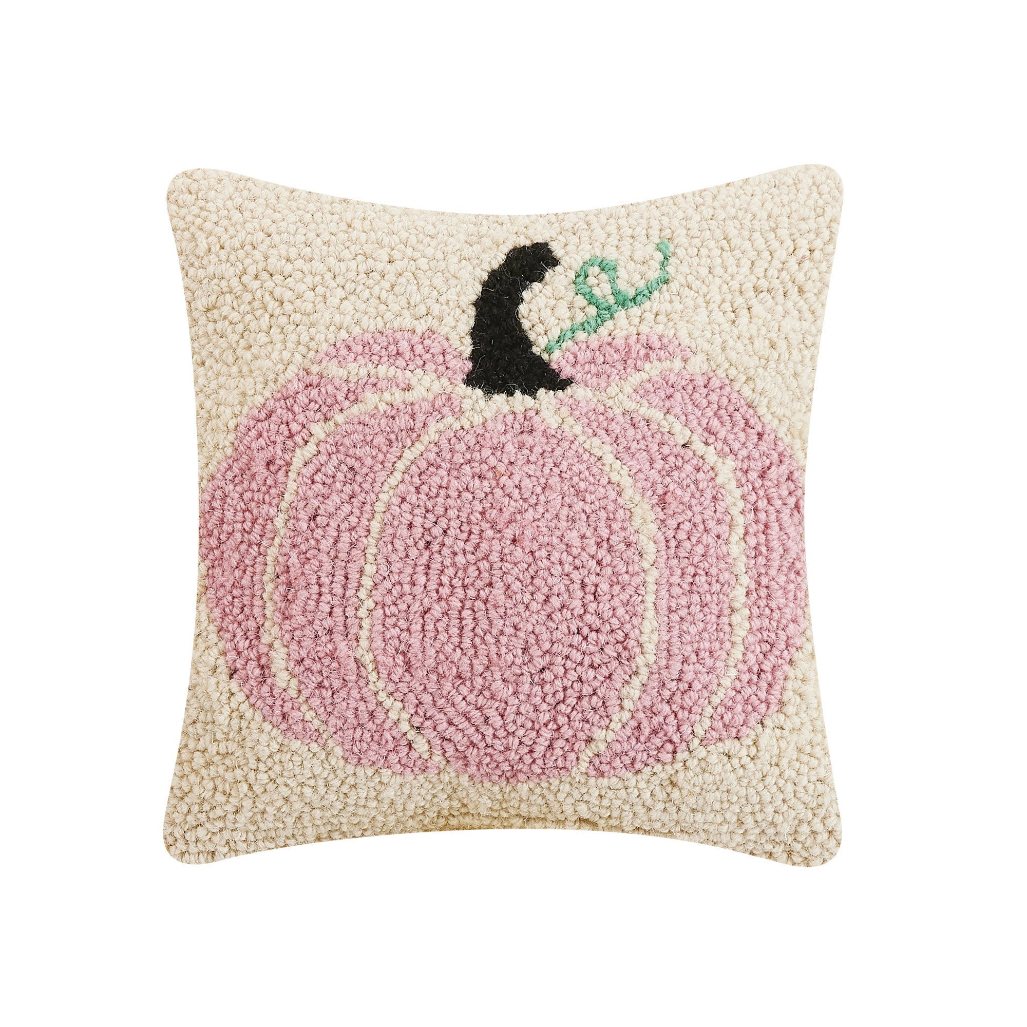 Pink Pumpkin Hooked Wool Fall Harvest Throw Pillow, 10x10 inch, front view