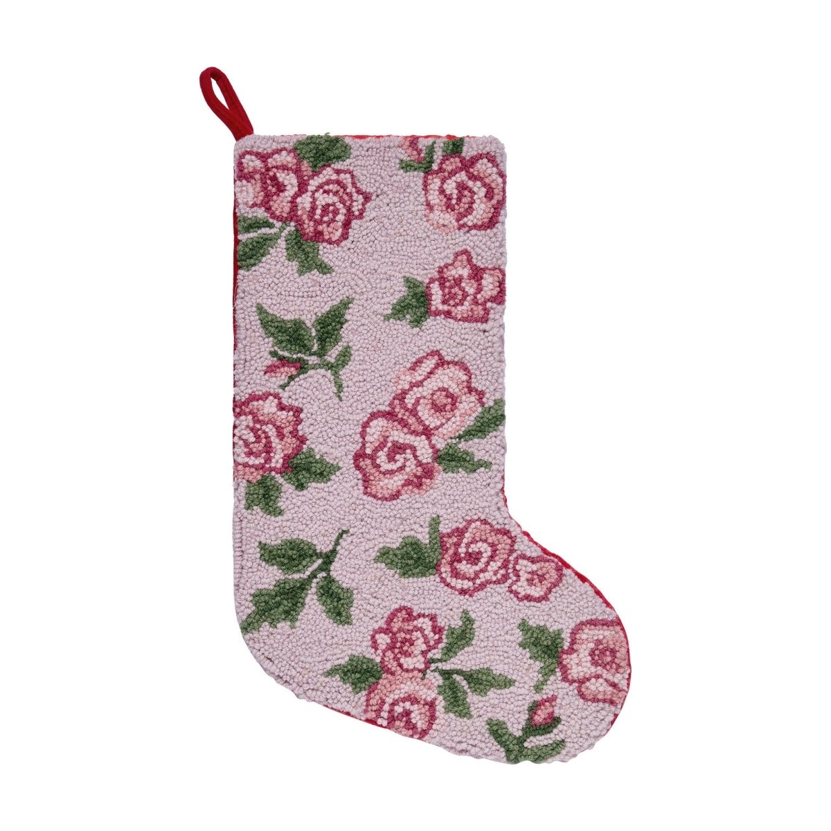 Pink Rose Hooked Wool Christmas Stocking, 12x20 inch, front view