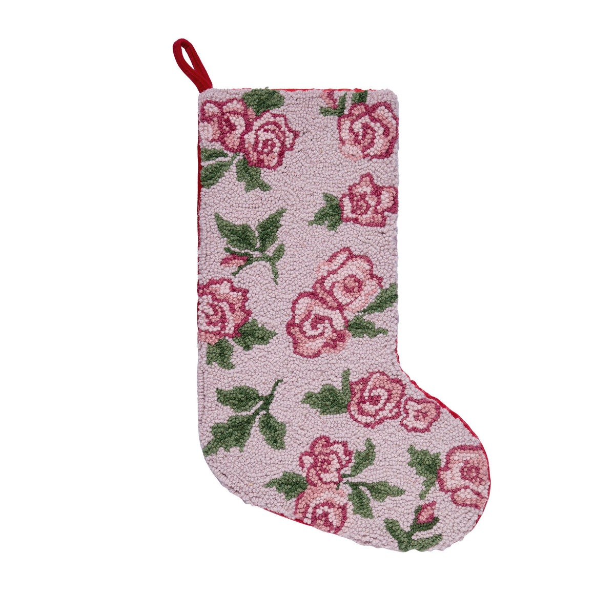 Pink Rose Hooked Wool Christmas Stocking, 12x20 inch, front view