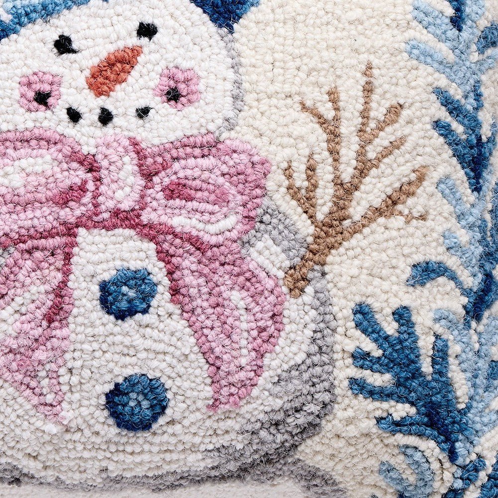 Closeup of Pink Scarf Snowman Hooked Wool Christmas Throw Pillow showing stitch texture and craftsmanship detail