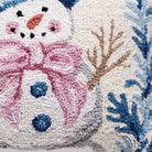 Closeup of Pink Scarf Snowman Hooked Wool Christmas Throw Pillow showing stitch texture and craftsmanship detail