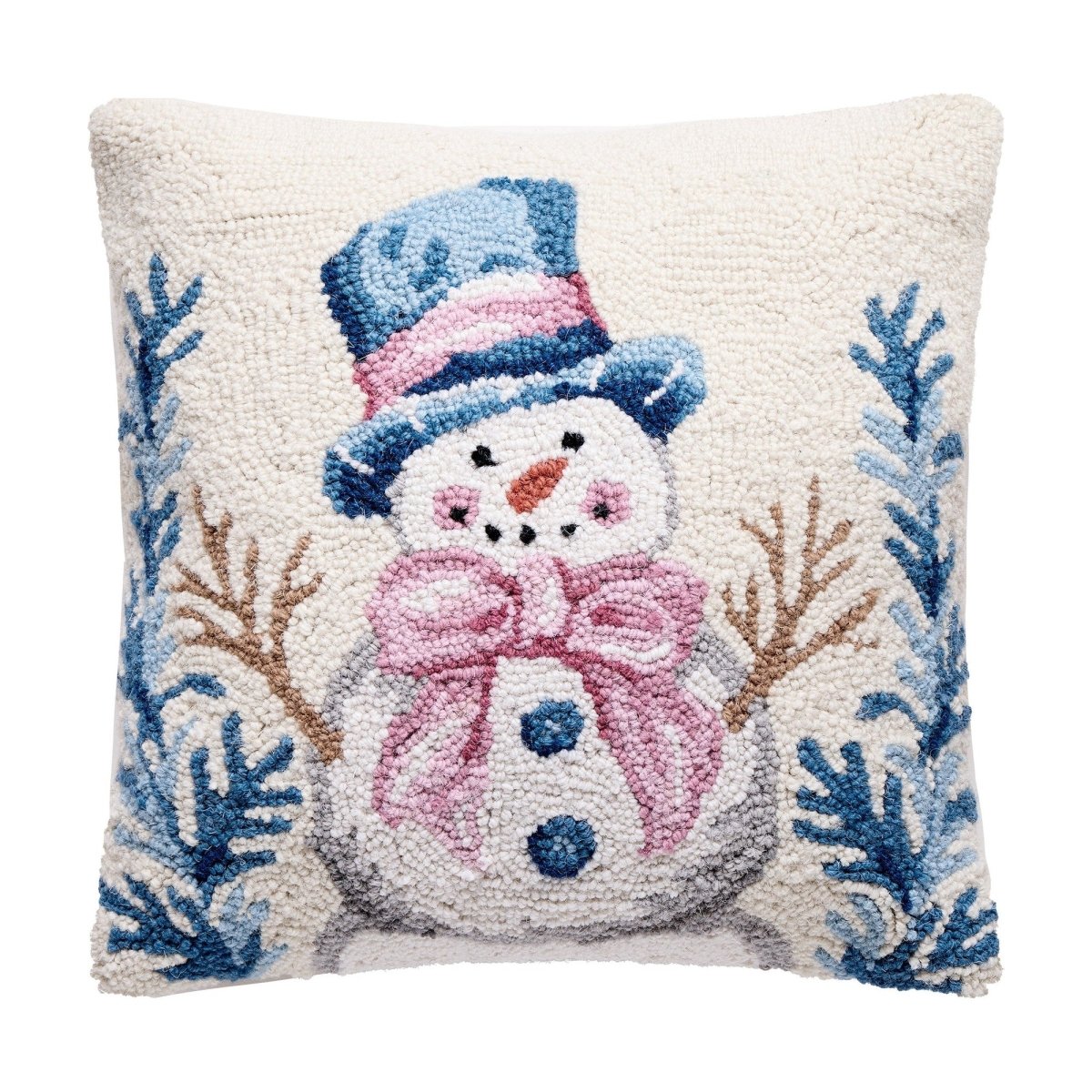 Pink Scarf Snowman Hooked Wool Christmas Throw Pillow, 16x16 inch, front view