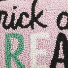 Pink Script Trick or Treat Hooked Wool Halloween Throw Pillow, close-up detail