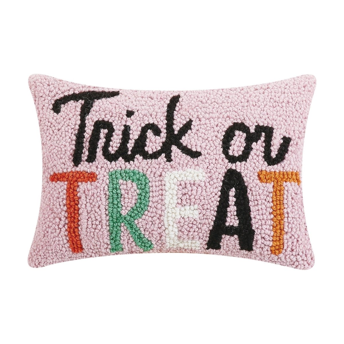 Pink Script Trick or Treat Hooked Wool Halloween Throw Pillow, 8x12 inch, front view