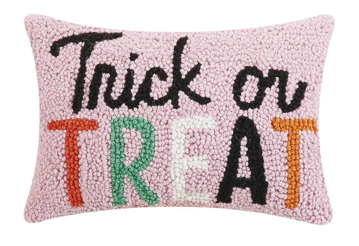 Pink Script Trick or Treat Hooked Wool Halloween Throw Pillow, 8x12 inch, front view