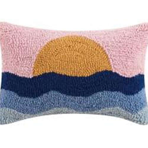Pink Sky Coastal Sunset Hooked Wool Throw Pillow, close-up detail