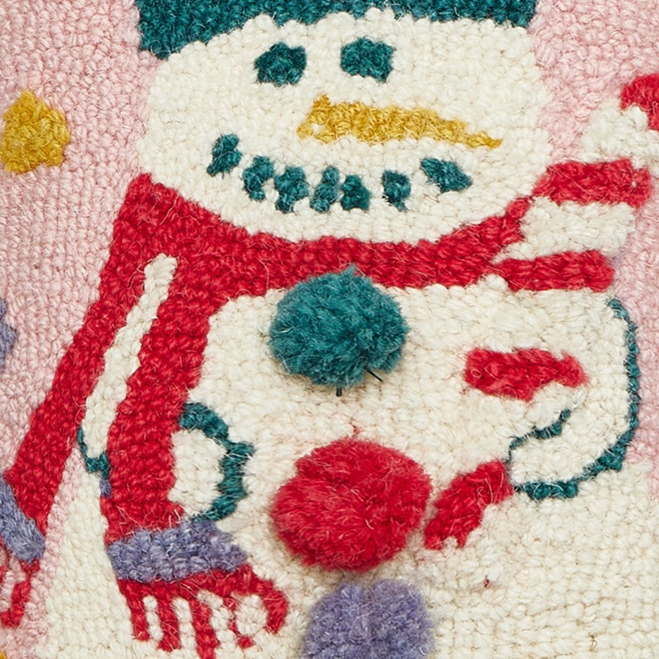 Pink Snowman Hooked Wool Christmas Throw Pillow 8x12, close-up detail