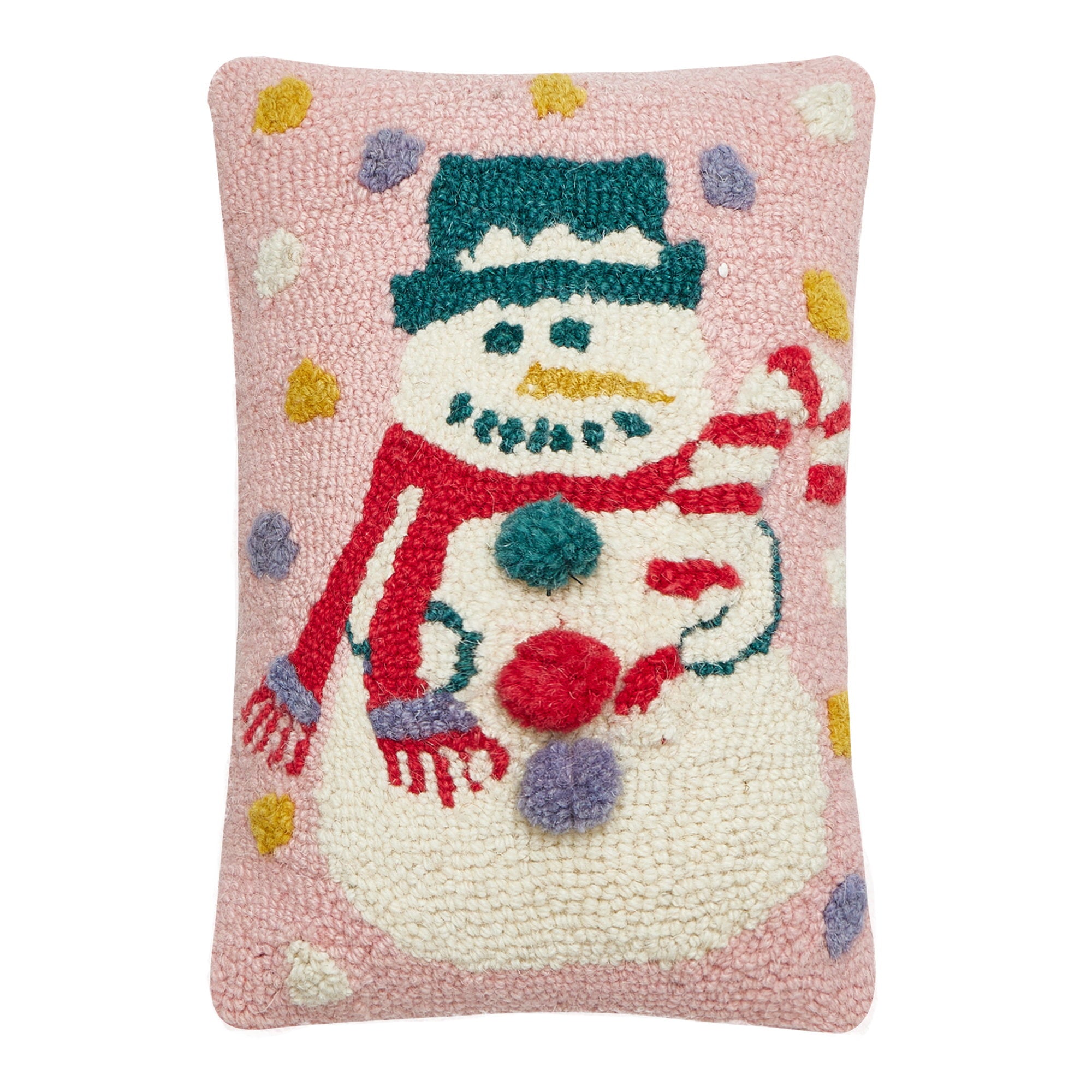 Pink Snowman Hooked Wool Christmas Throw Pillow 8x12, 8x12 inch, front view