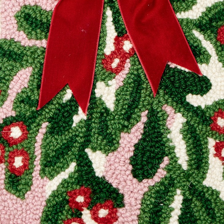 Pink Stripe Mistletoe with Ribbon Hooked Wool Christmas Throw Pillow, close-up detail