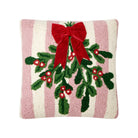 Pink Stripe Mistletoe with Ribbon Hooked Wool Christmas Throw Pillow, 14x14 inch, front view