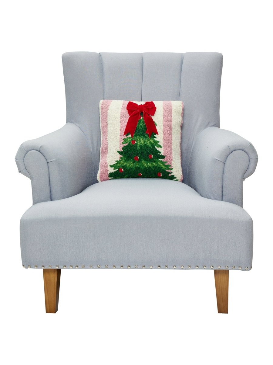 Pink Stripe Tree with Ribbon Hooked Wool Christmas Throw Pillow on an armchair, showing the throw pillow at room scale, 14x14 inch