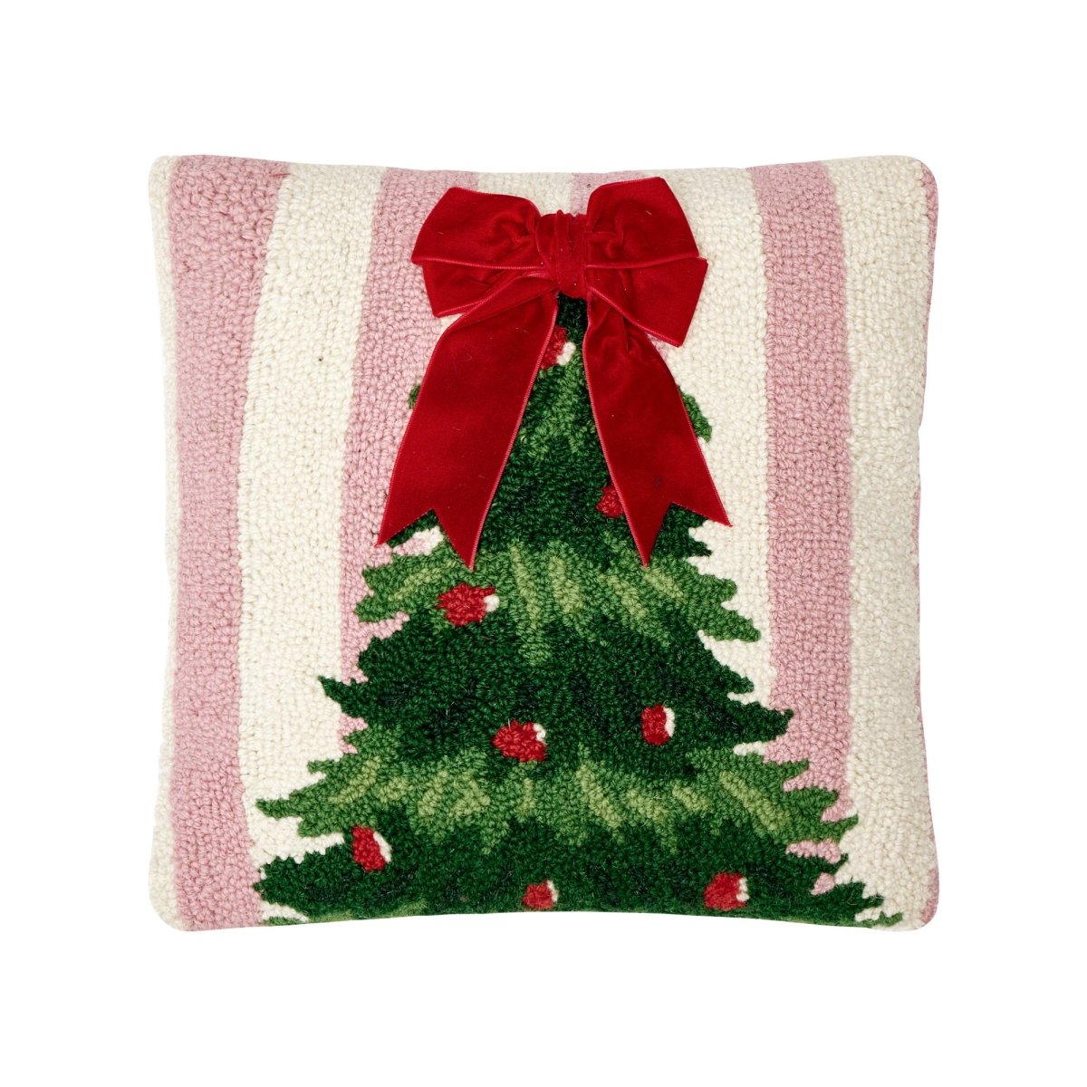 Pink Stripe Tree with Ribbon Hooked Wool Christmas Throw Pillow, 14x14 inch, front view