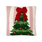 Pink Stripe Tree with Ribbon Hooked Wool Christmas Throw Pillow, 14x14 inch, front view