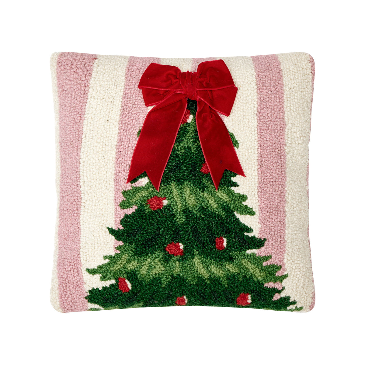 Pink Stripe Tree with Ribbon Hooked Wool Christmas Throw Pillow, 14x14 inch, front view