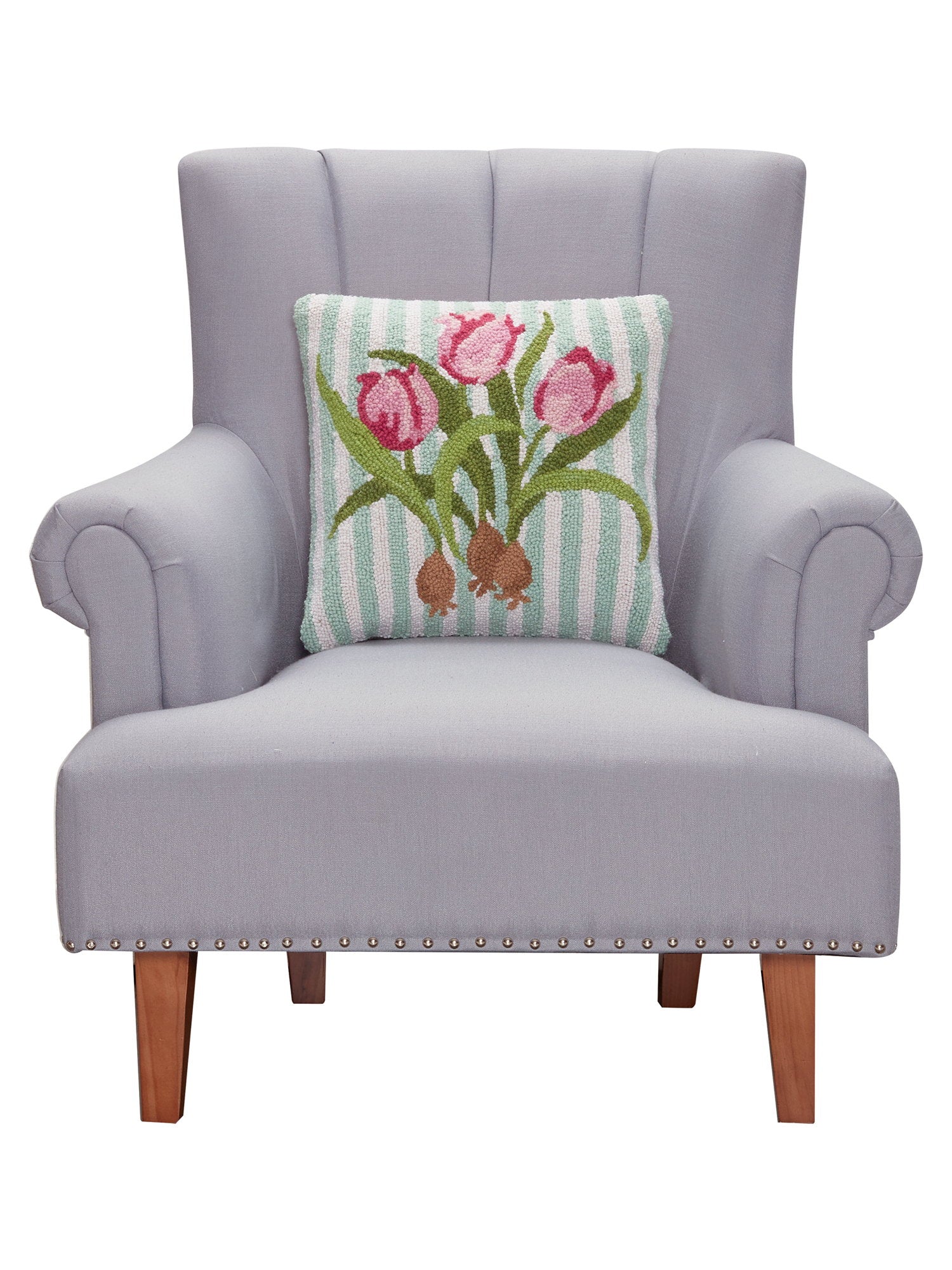 Pink Tulip Hooked Wool Throw Pillow on an armchair, showing the throw pillow at room scale, 16x16 inch