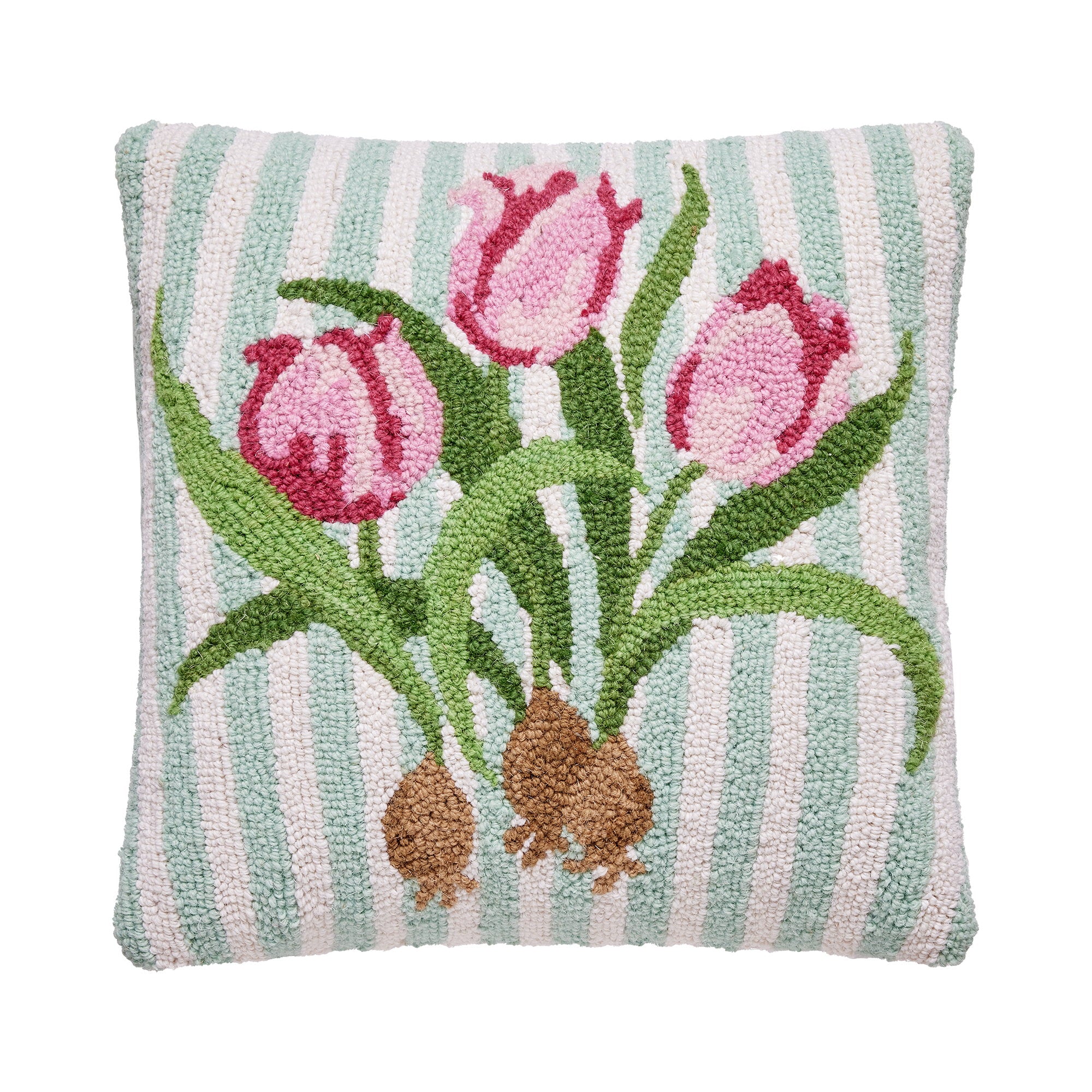 Pink Tulip Hooked Wool Throw Pillow, 16x16 inch, front view