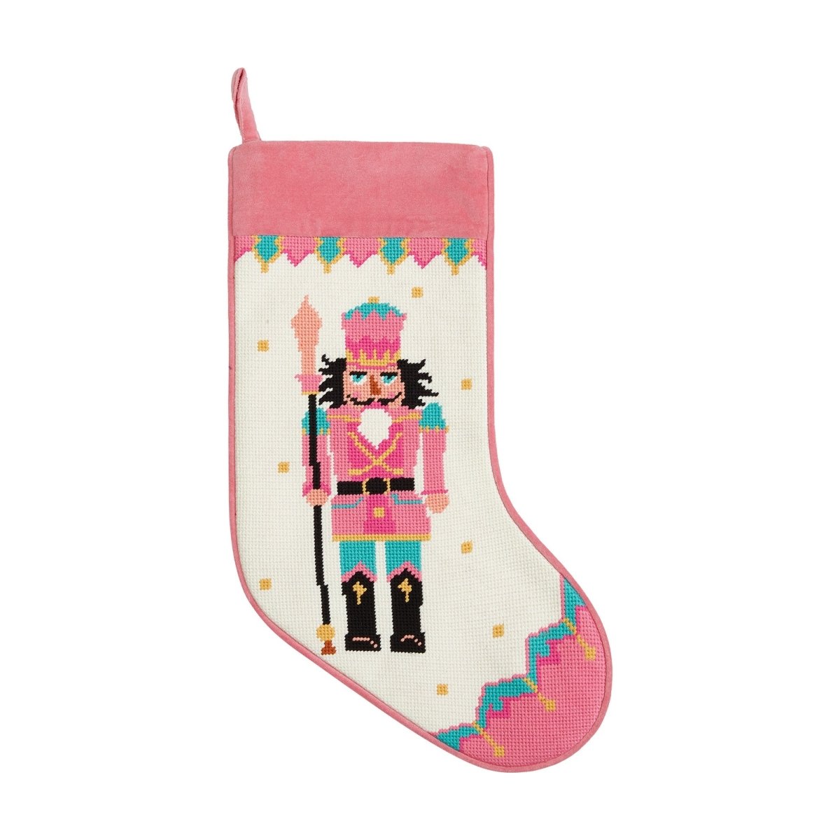 Pink Turquoise Nutcracker Embroidered Needlepoint Christmas Stocking, 11x18 inch, front view