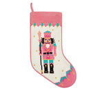 Pink Turquoise Nutcracker Embroidered Needlepoint Christmas Stocking, 11x18 inch, front view