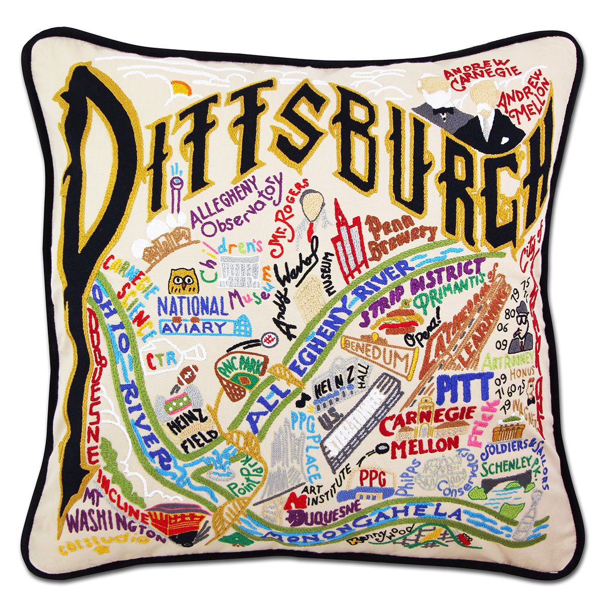 Pittsburgh, PA Steel City hand-embroidered throw pillow showcasing iconic landmarks