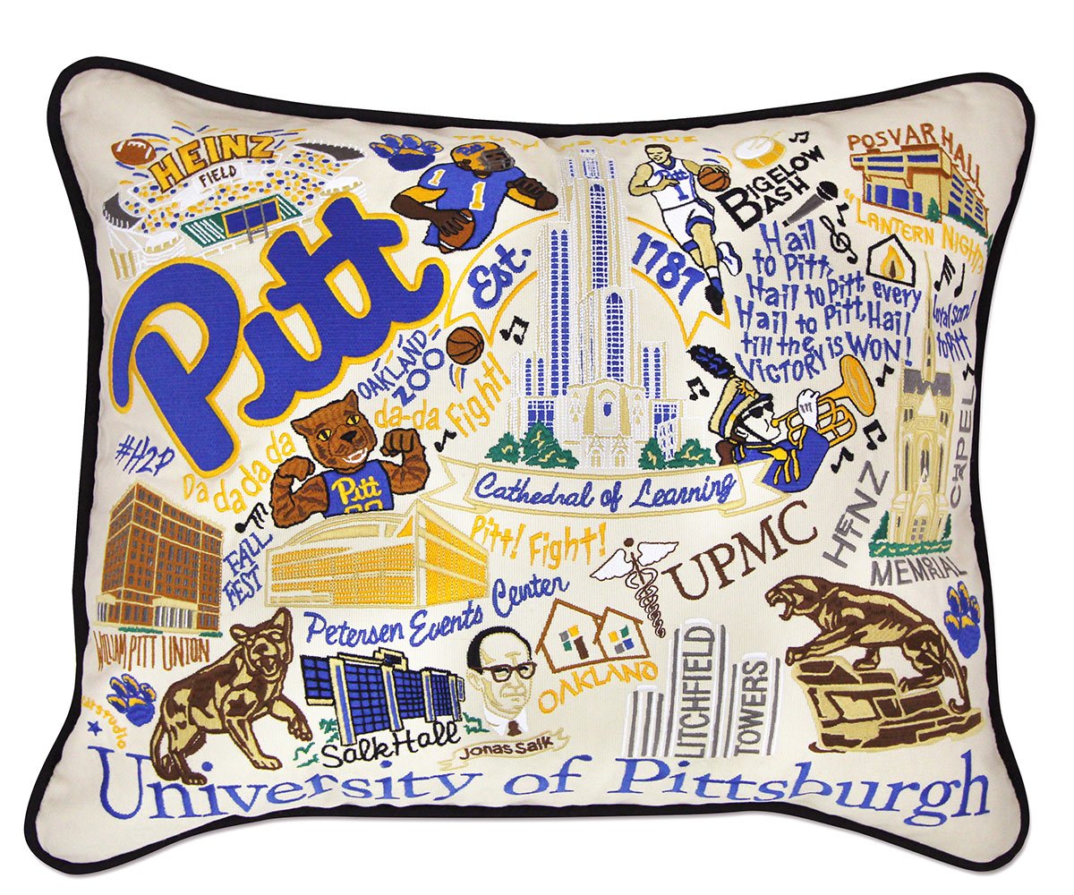 Pittsburgh Panthers hand-embroidered throw pillow featuring school colors and mascot imagery
