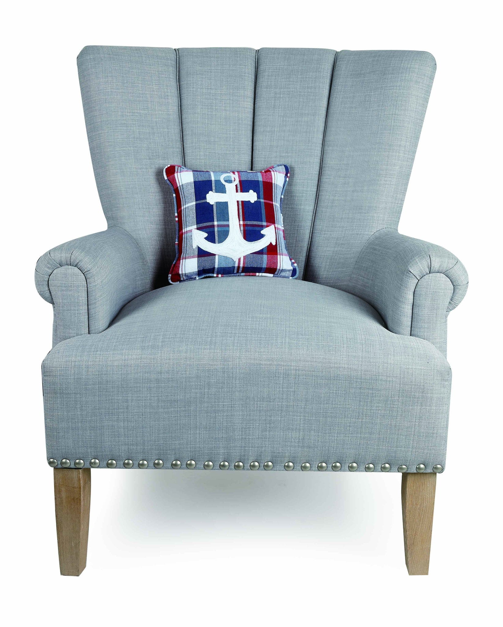 Plaid Anchor Embroidered Throw Pillow on an armchair, showing the throw pillow at room scale, 10x10 inch