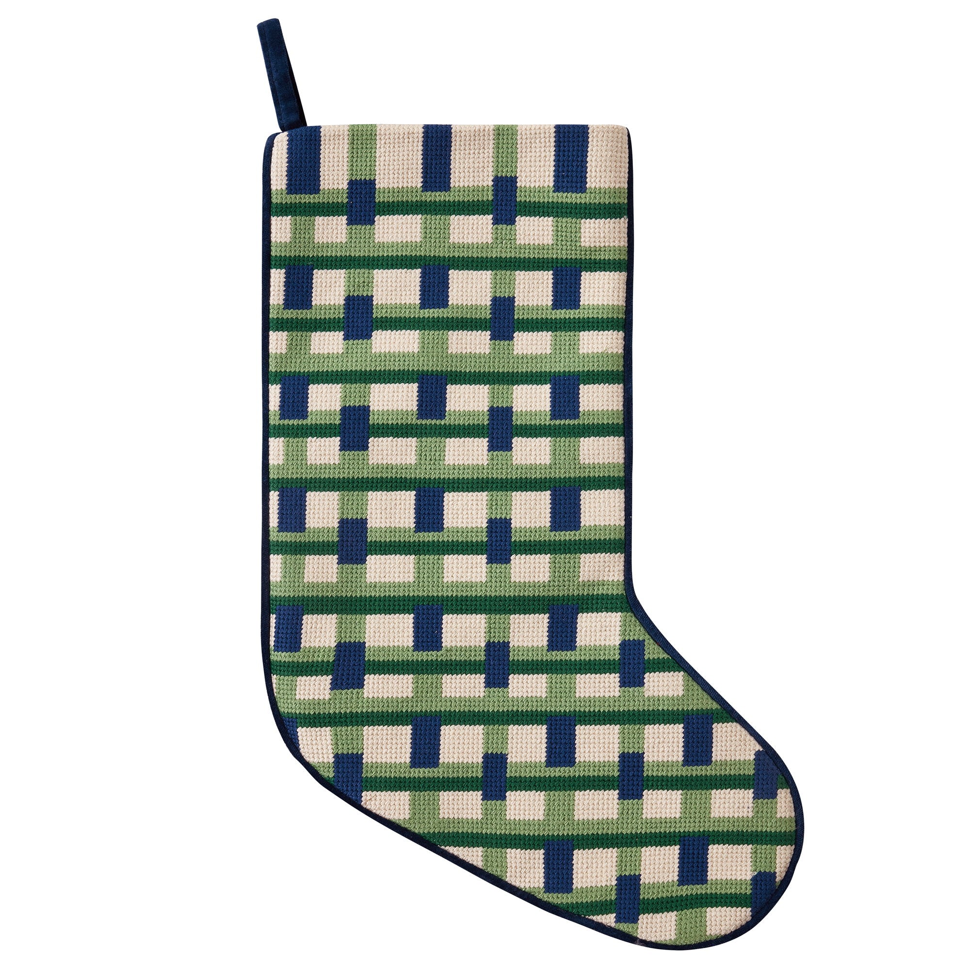 Plaid Blue Embroidered Needlepoint Christmas Stocking, 11x18 inch, front view