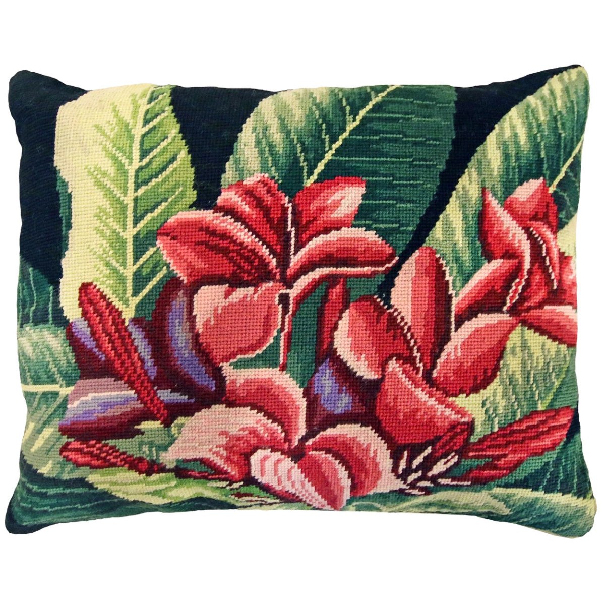 Plumeria Antique needlepoint throw pillow with botanical floral design