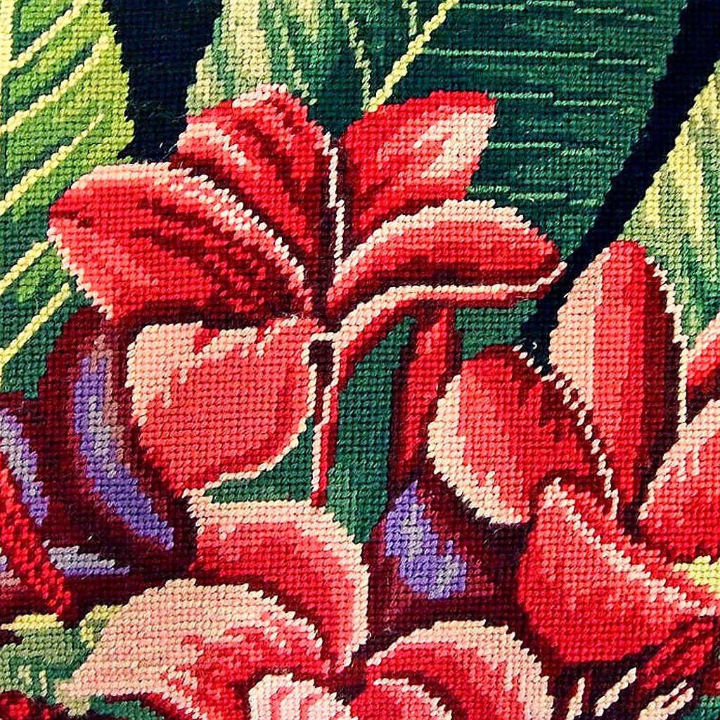 Closeup of Plumeria Antique Botanical needlepoint throw pillow highlighting hand-stitched wool craftsmanship and fabric detail