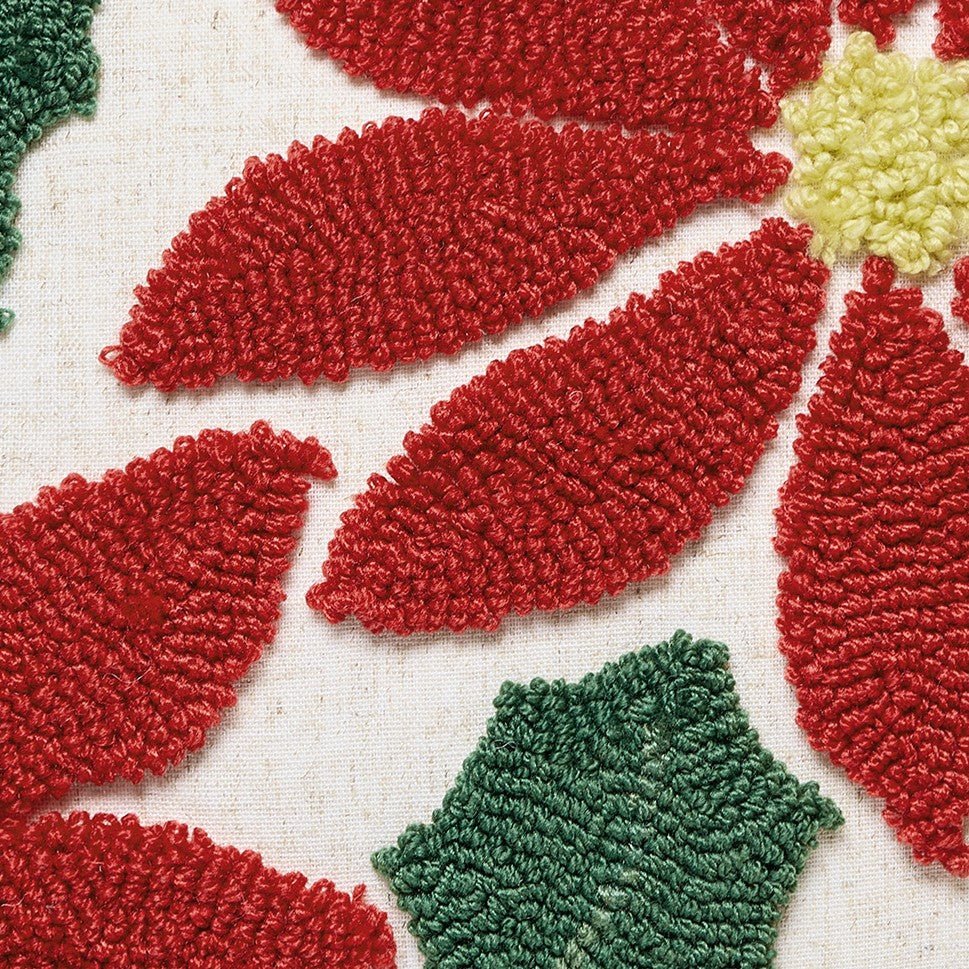 Poinsettia Tufted Hooked Wool Christmas Throw Pillow, close-up detail