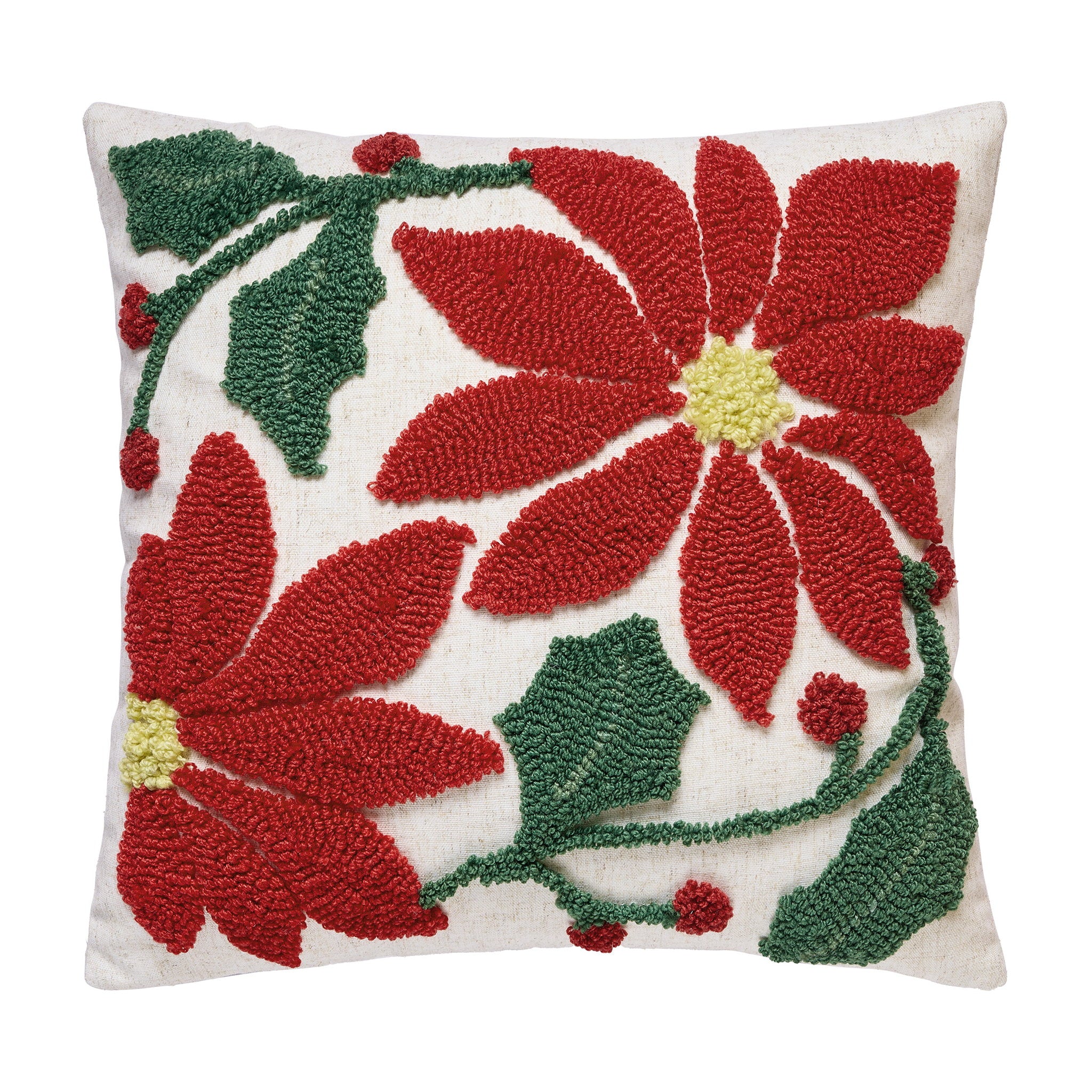 Poinsettia Tufted Hooked Wool Christmas Throw Pillow, 16x16 inch, front view