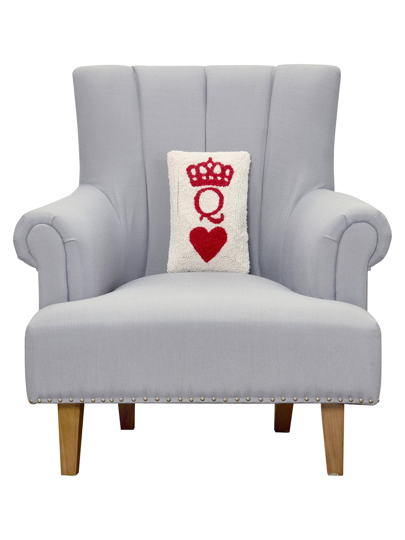 Poker Queen Hooked Wool Throw Pillow on an armchair, showing the throw pillow at room scale, 8x12 inch