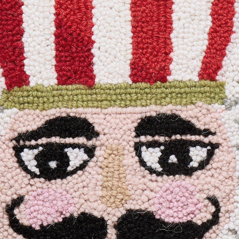 Polka Nutcracker Hooked Wool Christmas Throw Pillow, close-up detail
